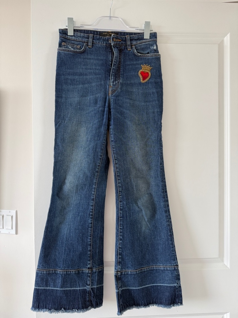 Dolce & Gabbana Blue Flared Jeans with Red Heart Patch and Gold Crown